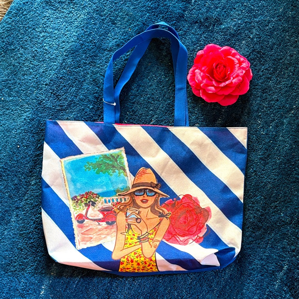 NWOT graphic print Lancôme Tote & Gigi Hill fabric flower pin/hair accessory 🌺